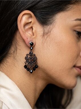 Ornate Black Filigree Chandelier Earrings - Women Jewelry